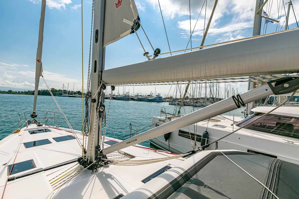 Deck of Kayleigh, a Bavaria C45 sailboat at Kontokali, Greece