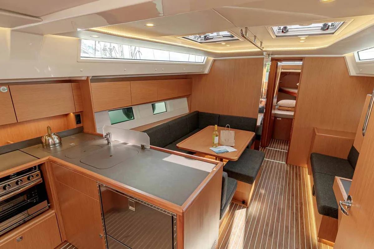 Galley of Kayleigh, a Bavaria C45 sailboat at Kontokali, Greece