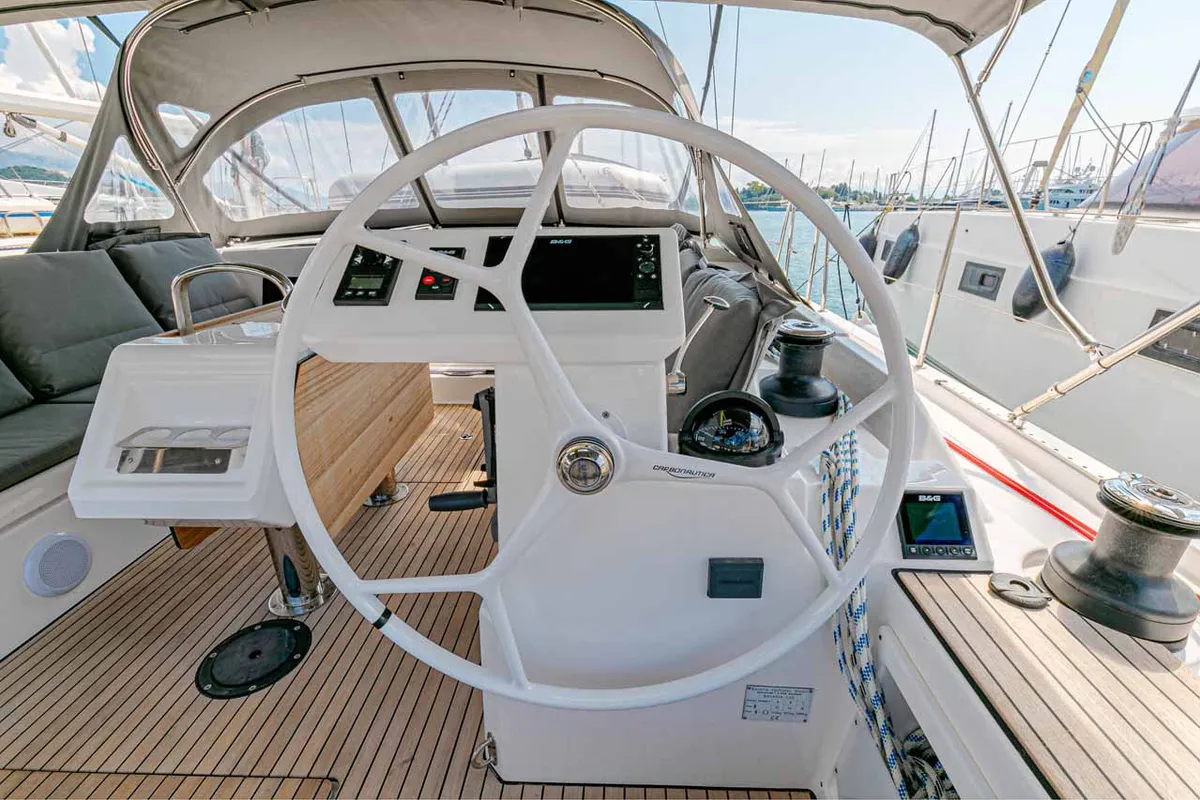 Cockpit of Kayleigh, a Bavaria C45 sailboat at Kontokali, Greece
