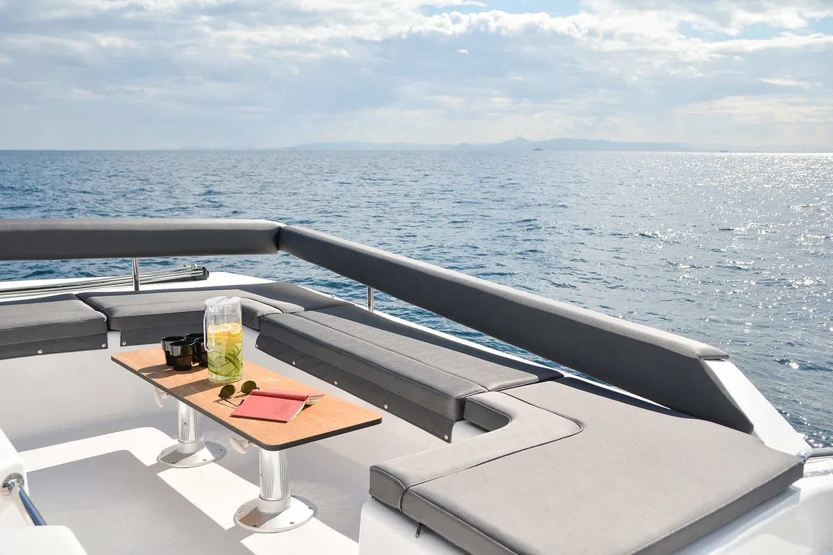Deck of Sea Breeze, a Dufour Catamaran 48 catamaran at Parikia, Greece