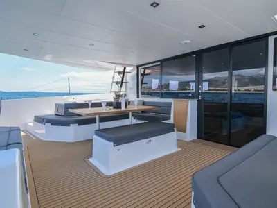 Deck of Sea Breeze, a Dufour Catamaran 48 catamaran at Parikia, Greece