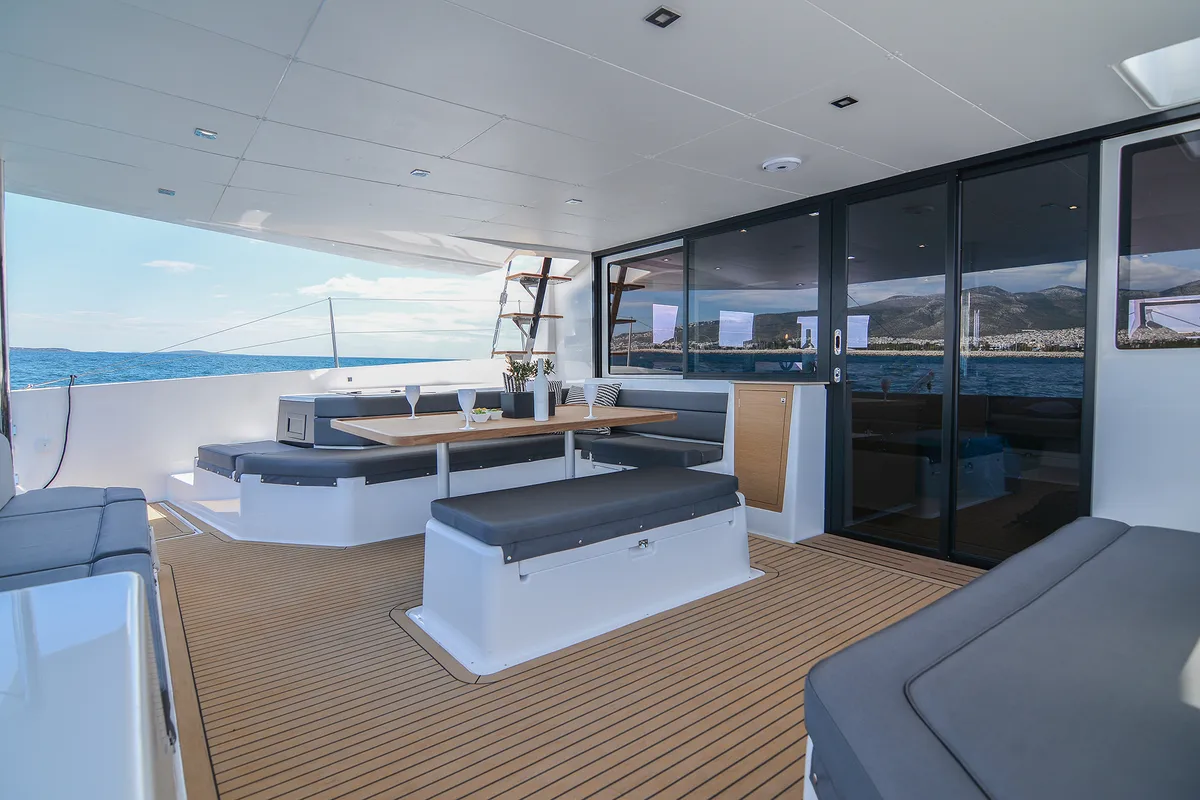 Deck of Sea Breeze, a Dufour Catamaran 48 catamaran at Parikia, Greece