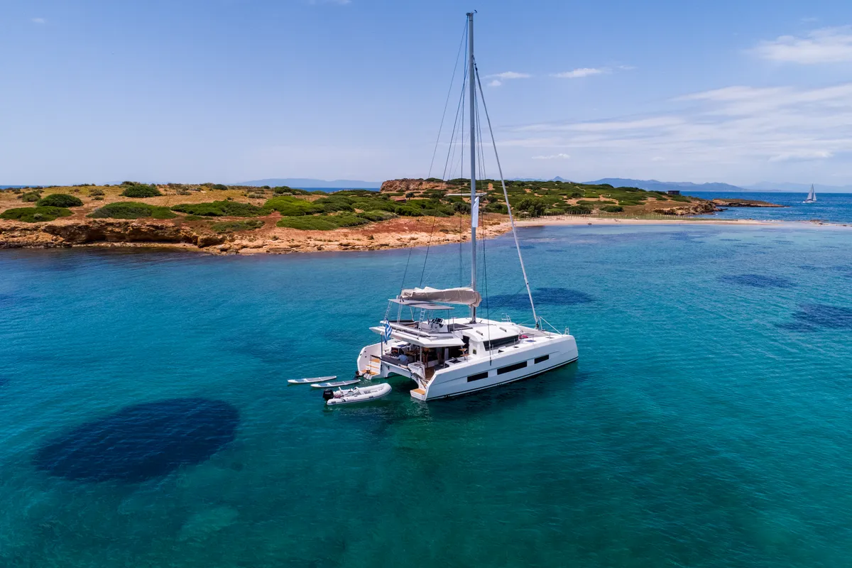 Exterior view of Sea Breeze, a Dufour Catamaran 48 catamaran at Parikia, Greece