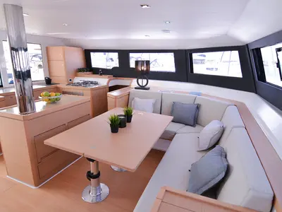 Salon of Sea Breeze, a Dufour Catamaran 48 catamaran at Parikia, Greece
