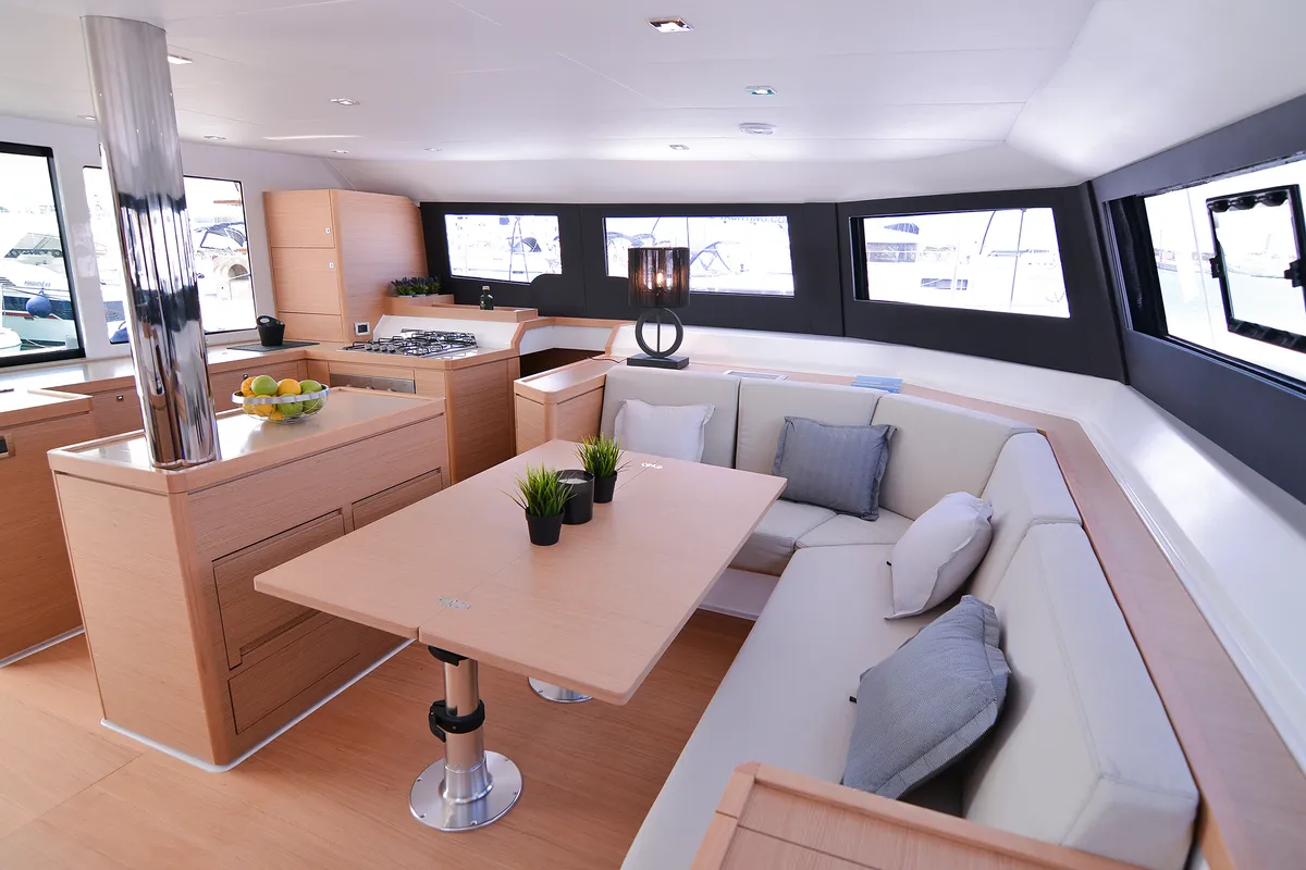 Salon of Sea Breeze, a Dufour Catamaran 48 catamaran at Parikia, Greece