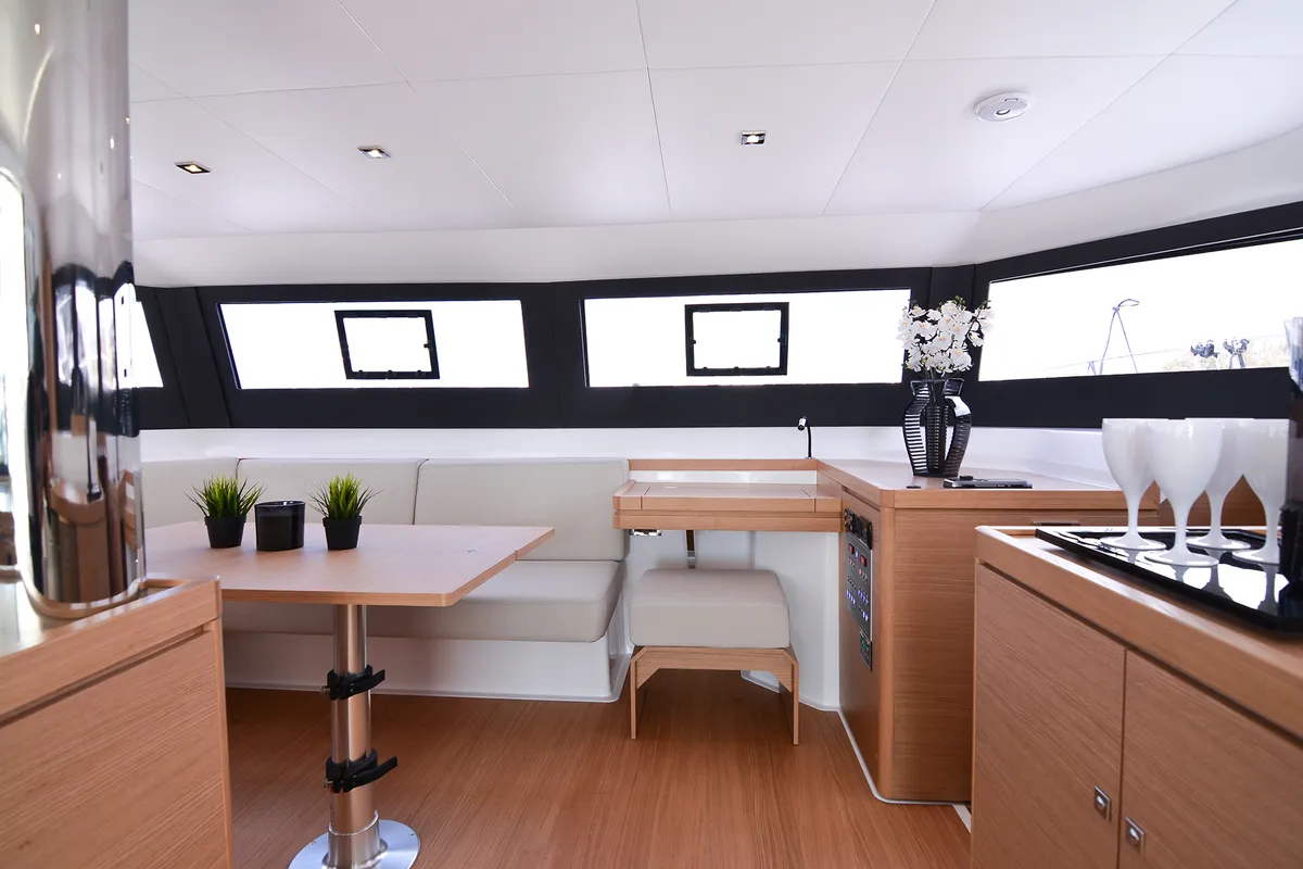 Salon of Sea Breeze, a Dufour Catamaran 48 catamaran at Parikia, Greece