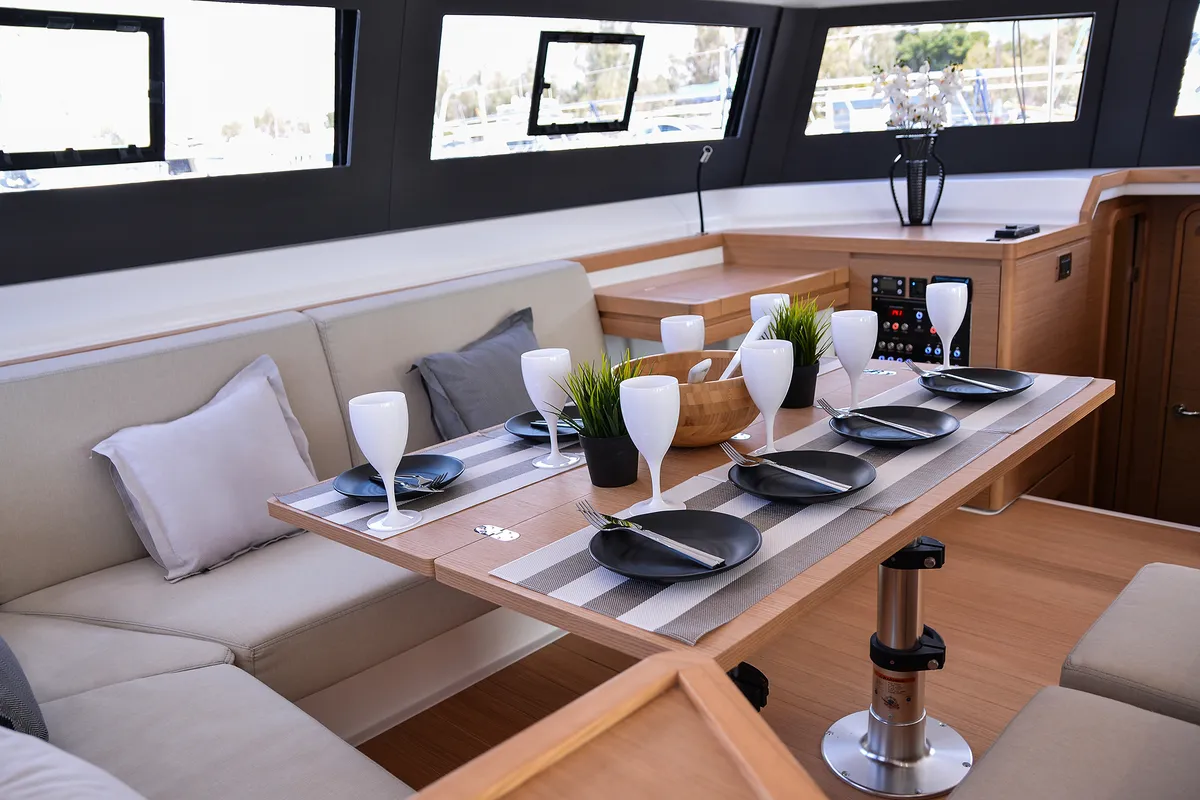 Salon of Sea Breeze, a Dufour Catamaran 48 catamaran at Parikia, Greece