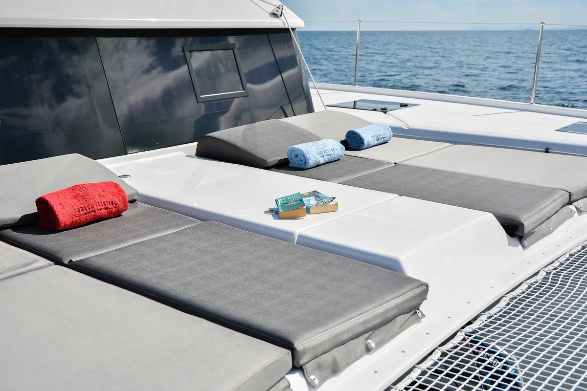Deck of Sea Breeze, a Dufour Catamaran 48 catamaran at Parikia, Greece