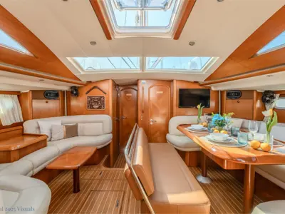 Salon of Boomerang, a Jeanneau Sun Odyssey 54DS sailboat at Municipal Unit of Ellomenos, Greece