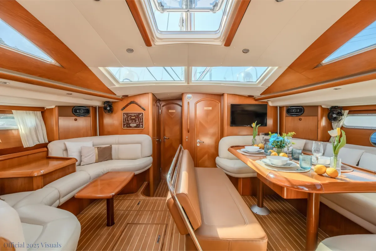 Salon of Boomerang, a Jeanneau Sun Odyssey 54DS sailboat at Municipal Unit of Ellomenos, Greece