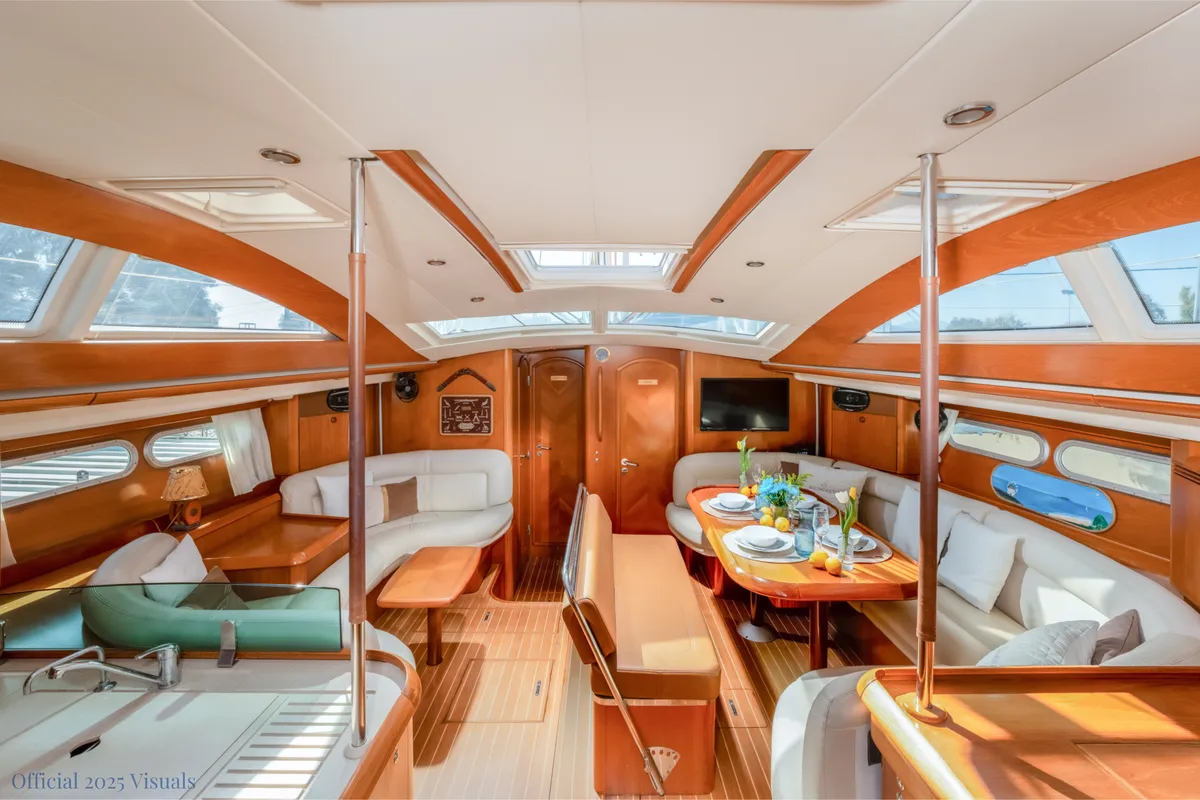 Salon of Boomerang, a Jeanneau Sun Odyssey 54DS sailboat at Municipal Unit of Ellomenos, Greece
