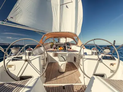 Cockpit of Boomerang, a Jeanneau Sun Odyssey 54DS sailboat at Municipal Unit of Ellomenos, Greece