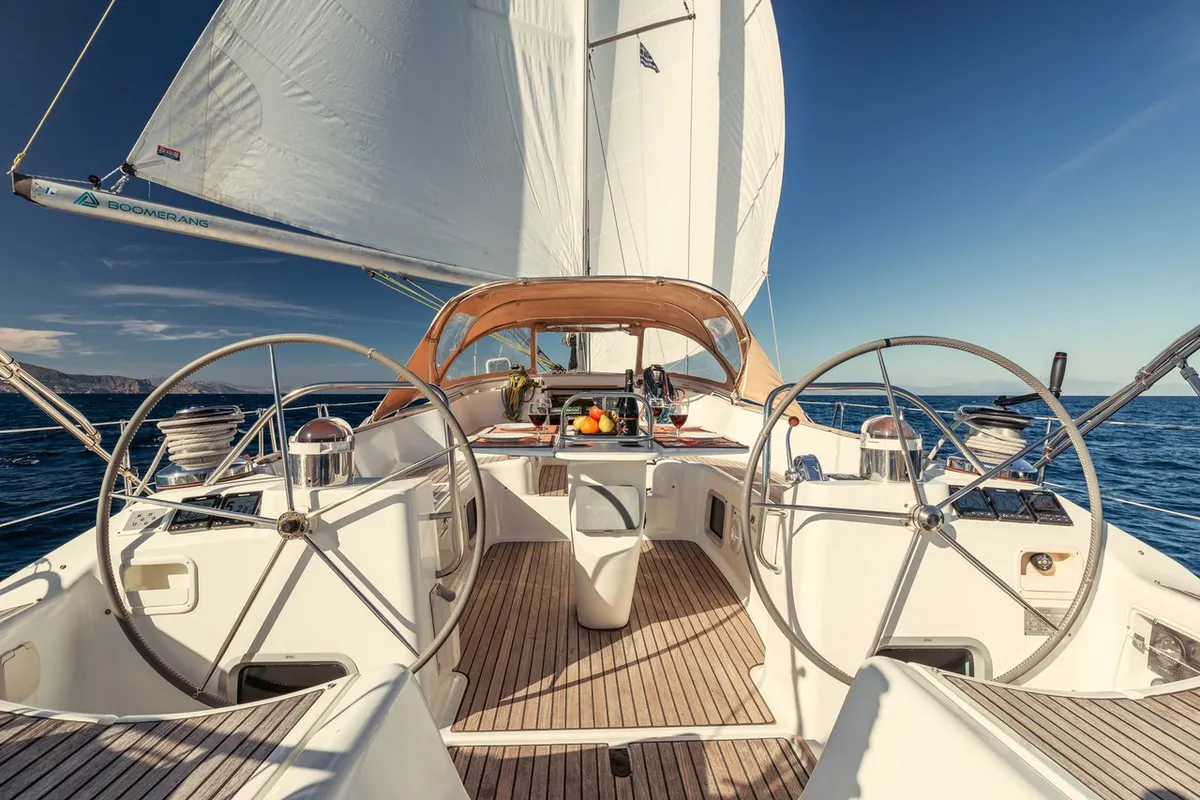 Cockpit of Boomerang, a Jeanneau Sun Odyssey 54DS sailboat at Municipal Unit of Ellomenos, Greece