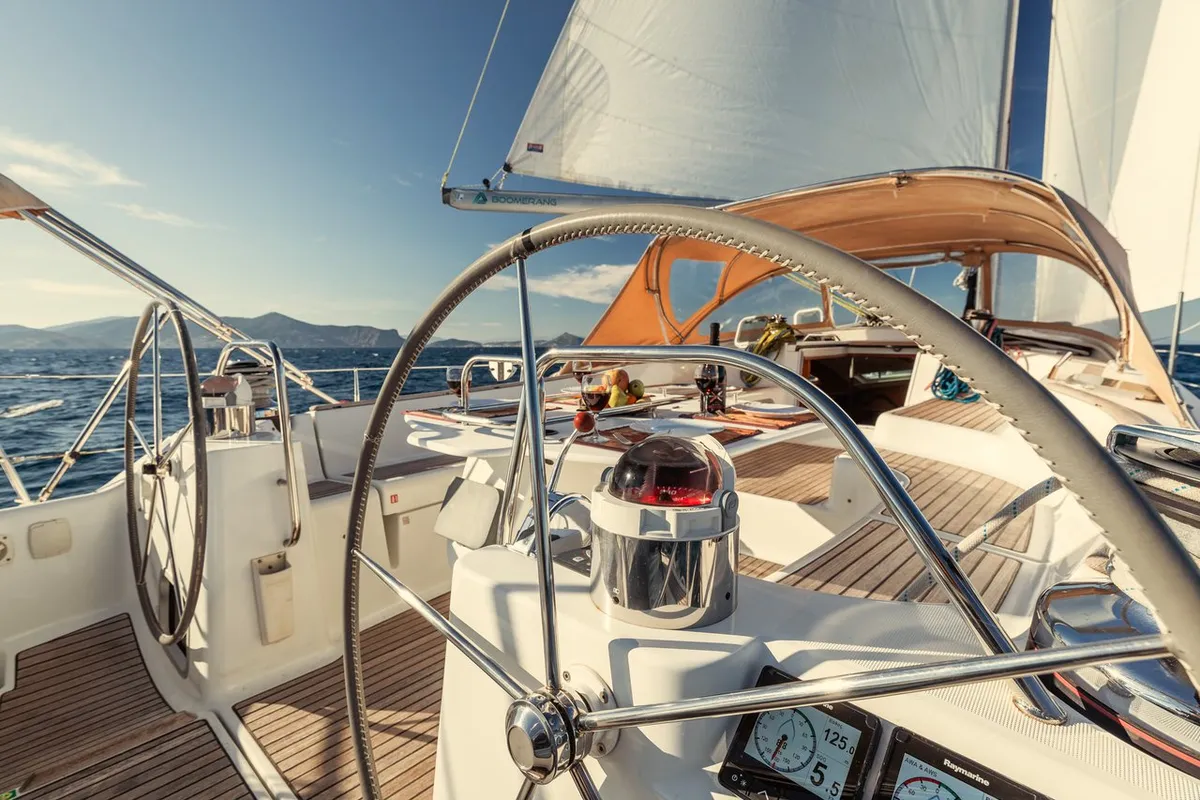 Cockpit of Boomerang, a Jeanneau Sun Odyssey 54DS sailboat at Municipal Unit of Ellomenos, Greece