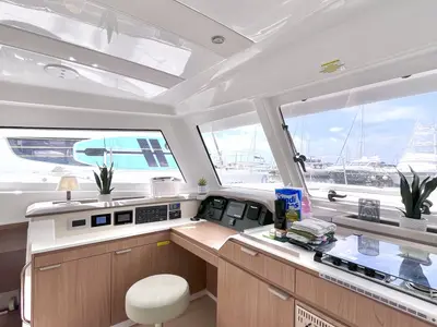 Cockpit of Yamas, a Bali Catspace OW catamaran at Parham Town, British Virgin Islands