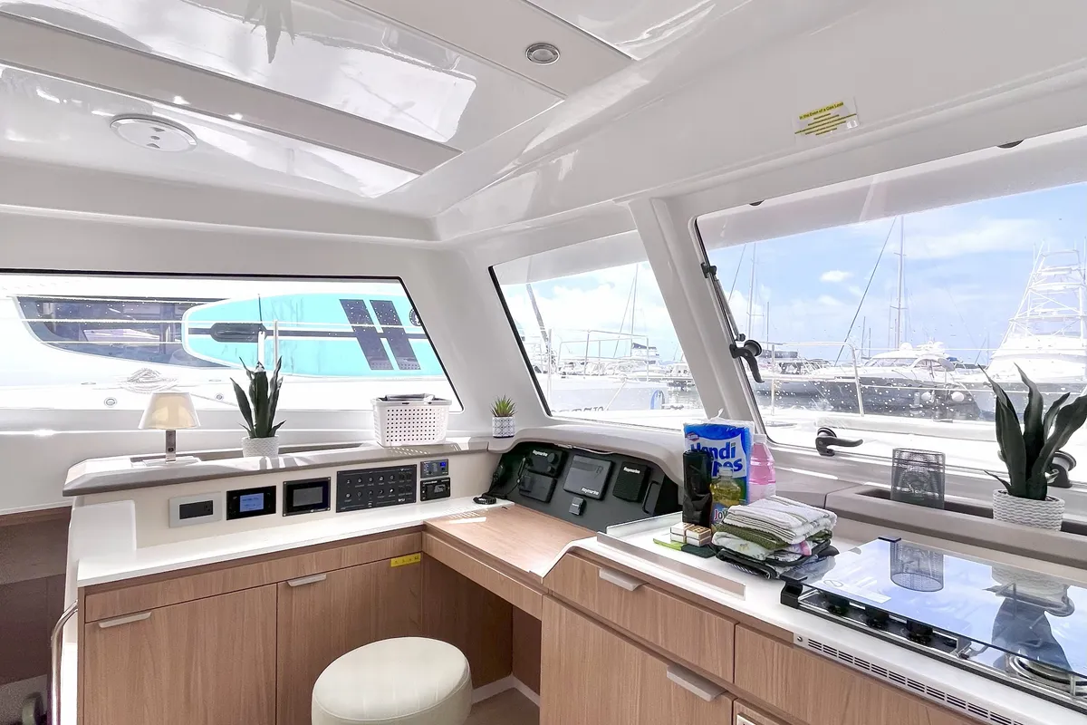Cockpit of Yamas, a Bali Catspace OW catamaran at Parham Town, British Virgin Islands