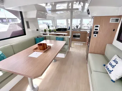 Salon of Yamas, a Bali Catspace OW catamaran at Parham Town, British Virgin Islands