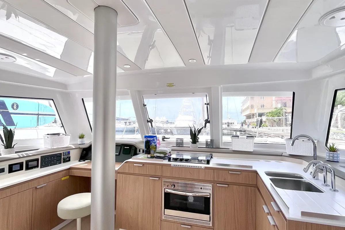Galley of Yamas, a Bali Catspace OW catamaran at Parham Town, British Virgin Islands