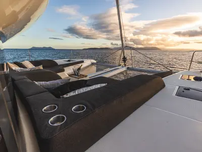 Deck of CELINA, a Lagoon 51 catamaran at Lefkada, Greece