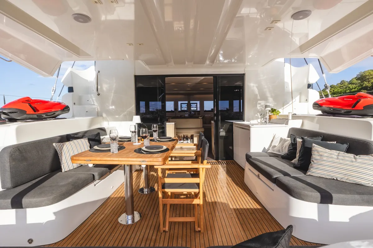 Deck of CELINA, a Lagoon 51 catamaran at Lefkada, Greece
