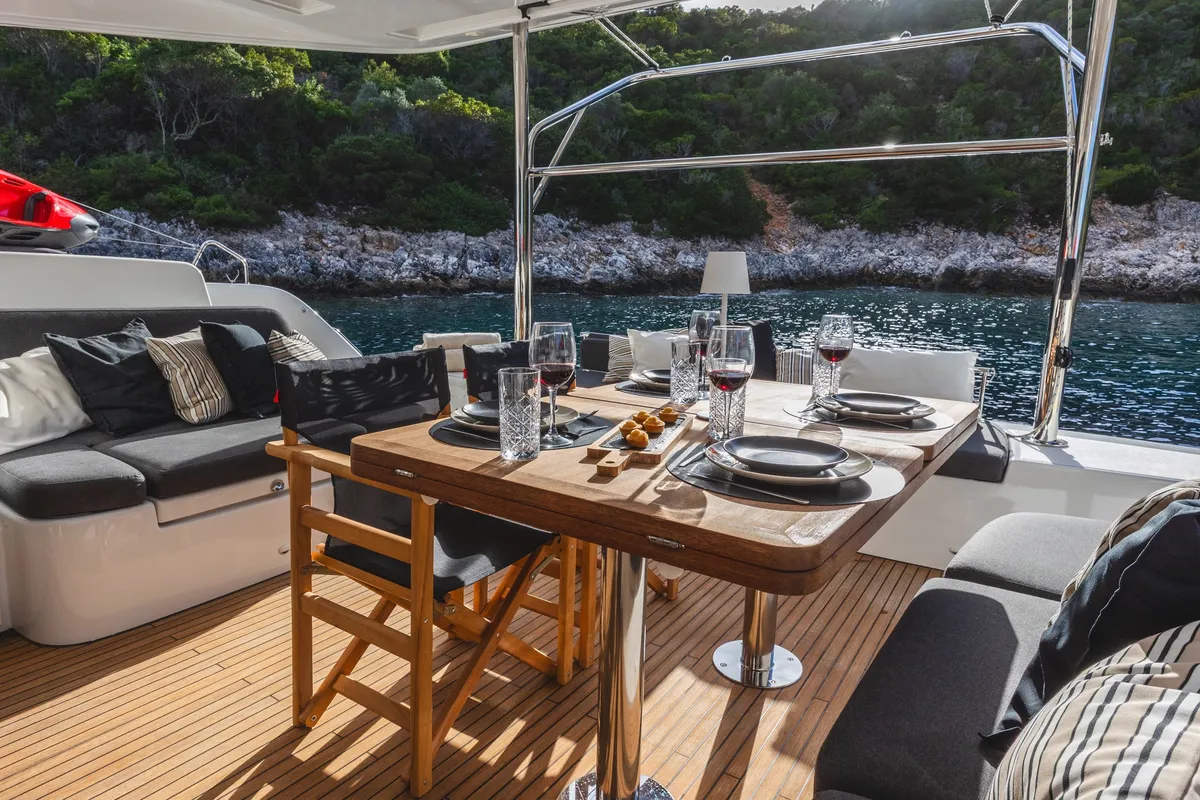 Deck of CELINA, a Lagoon 51 catamaran at Lefkada, Greece