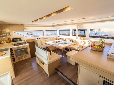 Salon of CELINA, a Lagoon 51 catamaran at Lefkada, Greece