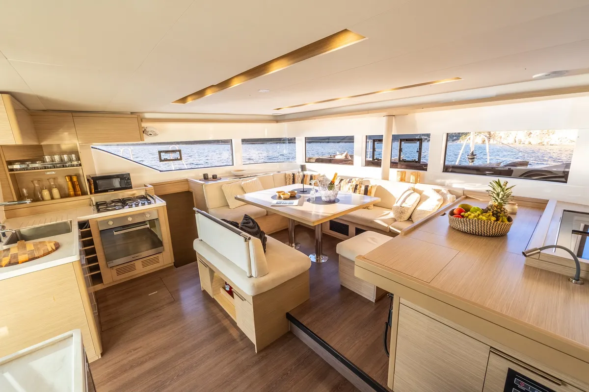Salon of CELINA, a Lagoon 51 catamaran at Lefkada, Greece