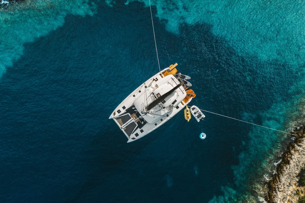 Exterior view of CELINA, a Lagoon 51 catamaran at Lefkada, Greece