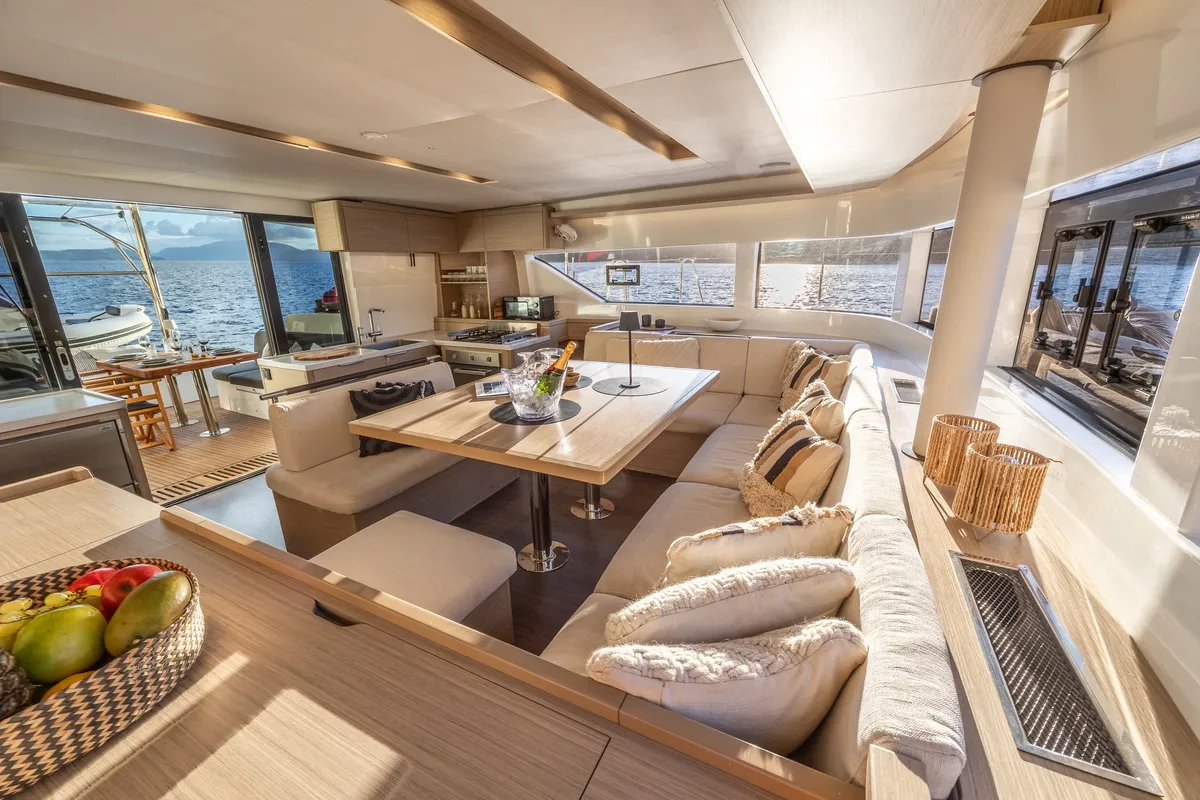 Salon of CELINA, a Lagoon 51 catamaran at Lefkada, Greece