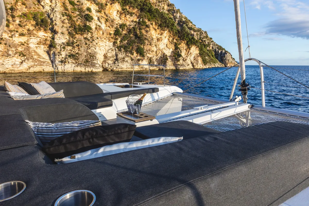 Deck of CELINA, a Lagoon 51 catamaran at Lefkada, Greece