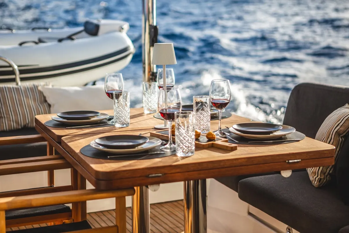 Deck of CELINA, a Lagoon 51 catamaran at Lefkada, Greece