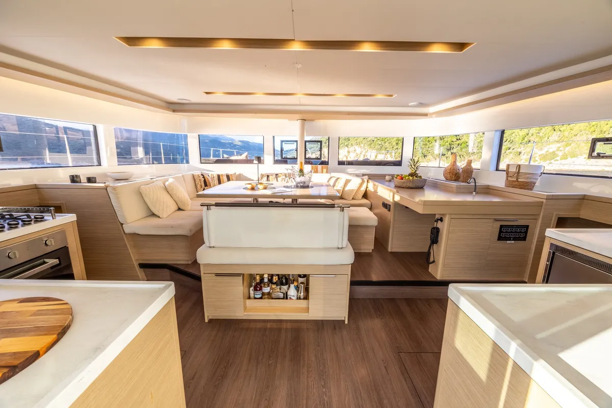 Salon of CELINA, a Lagoon 51 catamaran at Lefkada, Greece