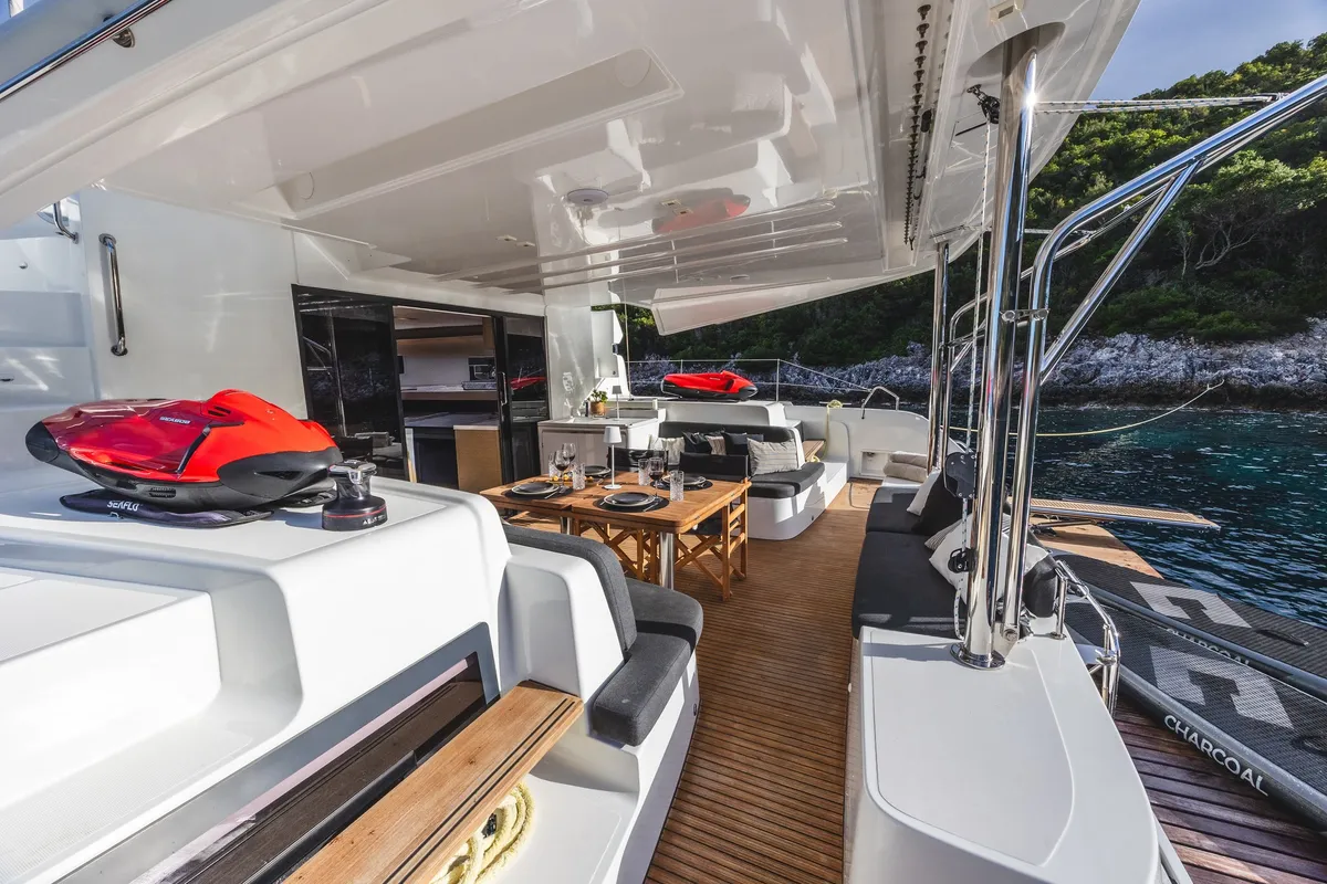 Deck of CELINA, a Lagoon 51 catamaran at Lefkada, Greece
