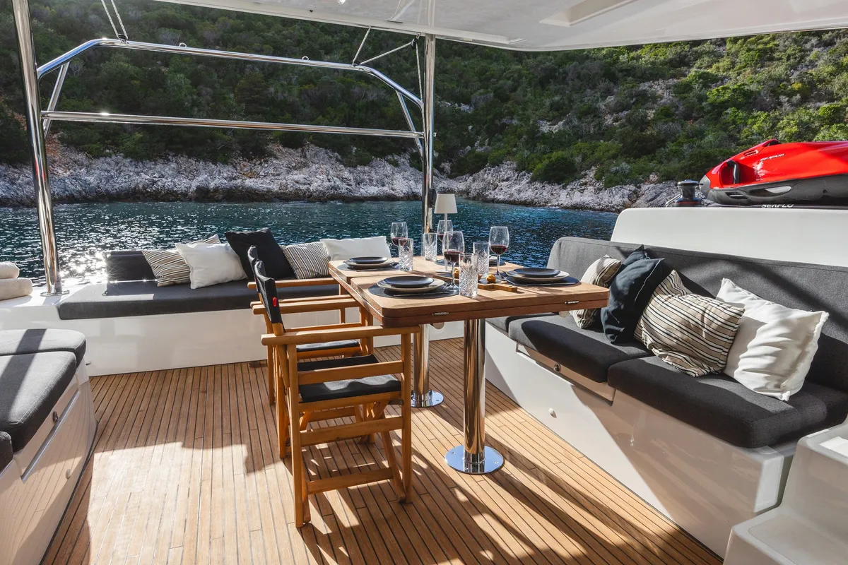 Deck of CELINA, a Lagoon 51 catamaran at Lefkada, Greece