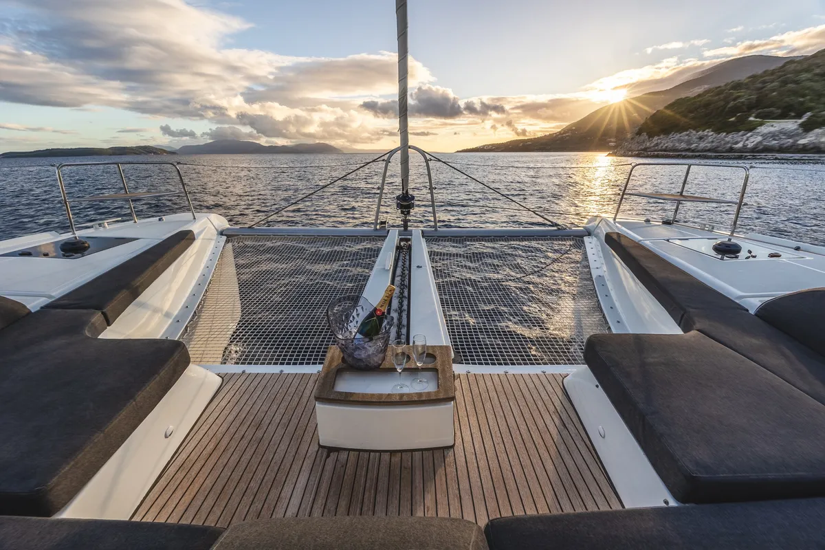 Deck of CELINA, a Lagoon 51 catamaran at Lefkada, Greece