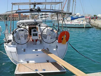 Cockpit of Nenemia, a Bavaria Cruiser 37 sailboat at Rhodes, Greece