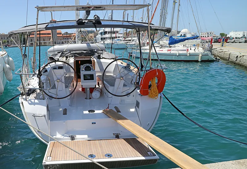 Cockpit of Nenemia, a Bavaria Cruiser 37 sailboat at Rhodes, Greece