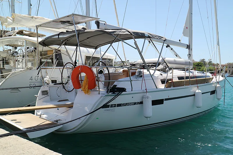 Exterior view of Nenemia, a Bavaria Cruiser 37 sailboat at Rhodes, Greece