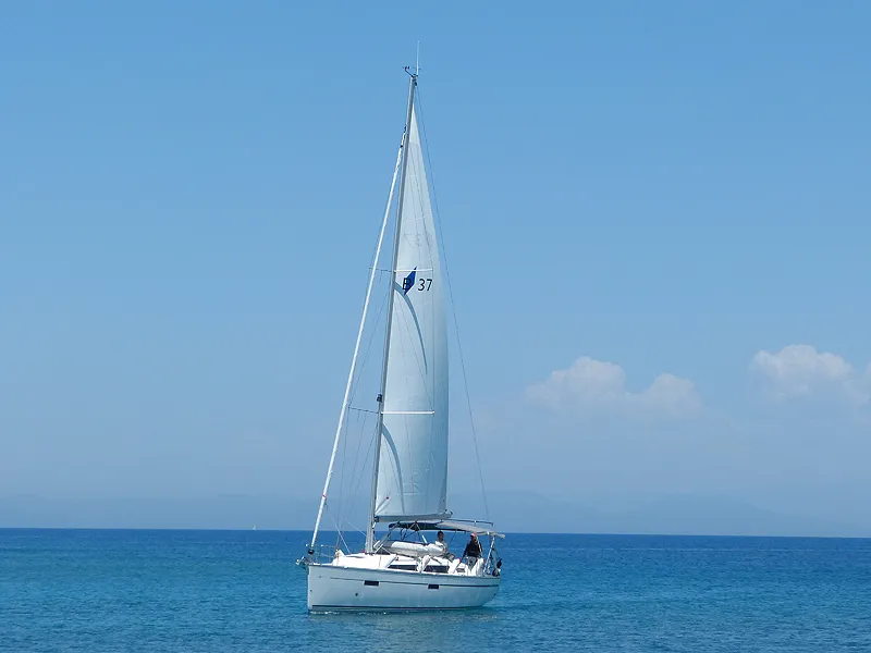 Exterior view of Nenemia, a Bavaria Cruiser 37 sailboat at Rhodes, Greece