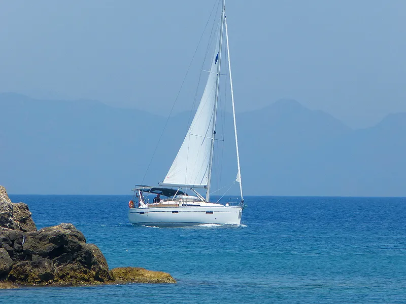 Exterior view of Nenemia, a Bavaria Cruiser 37 sailboat at Rhodes, Greece