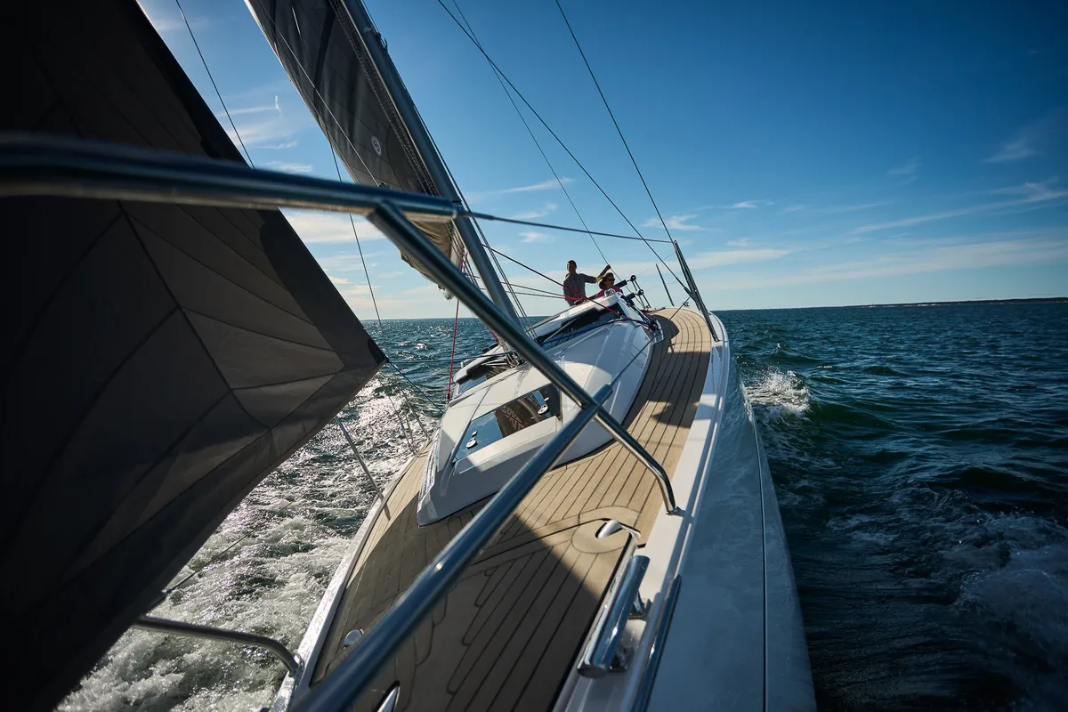 Deck of Northman Maxus 35, a sailboat at Valencia, Spain