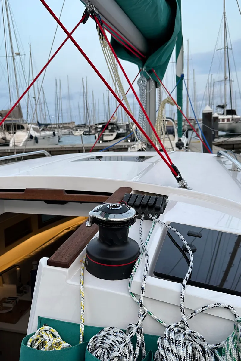 Deck of Northman Maxus 35, a sailboat at Valencia, Spain