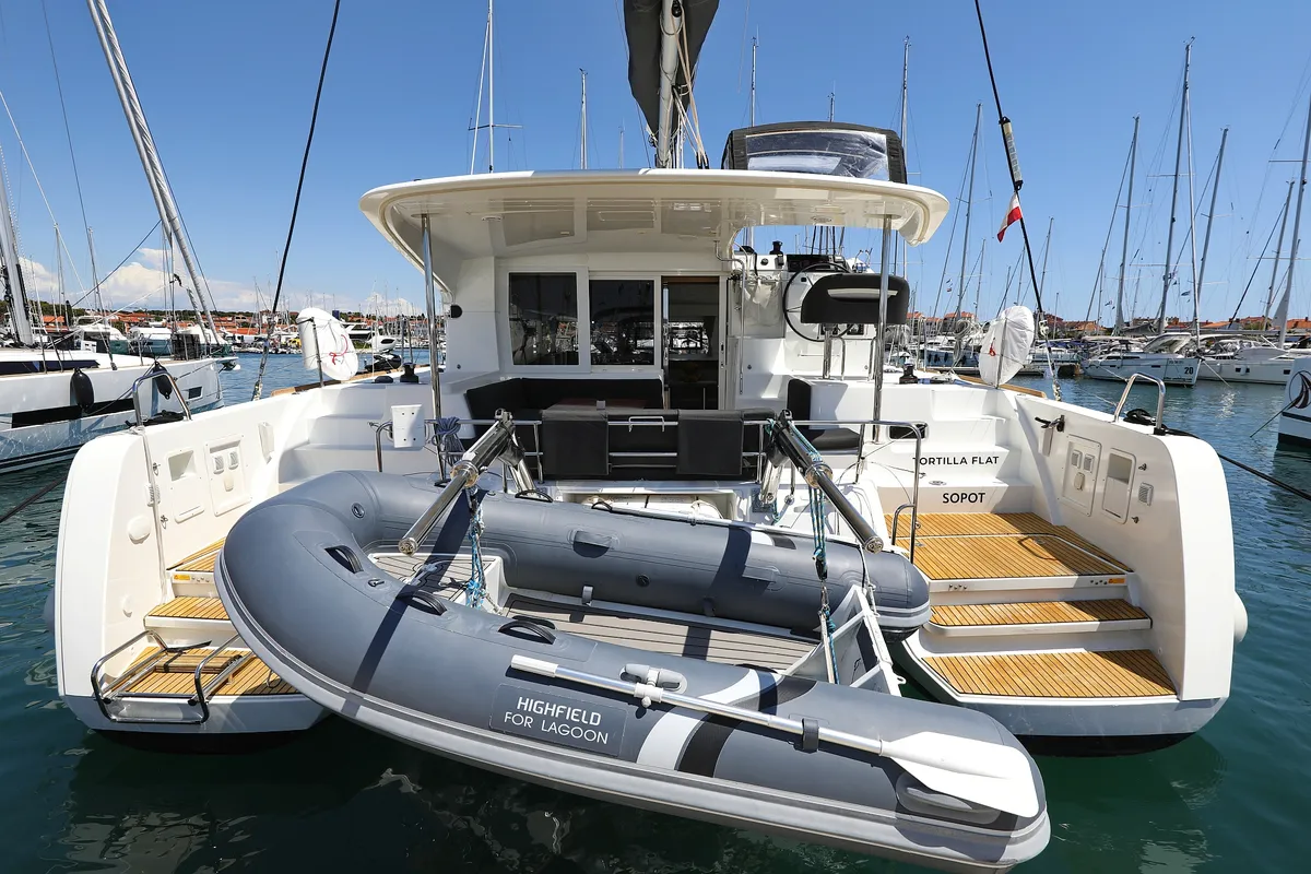 Exterior view of Tortilla Flat, a Lagoon 40 catamaran at Grad Biograd na Moru, Croatia