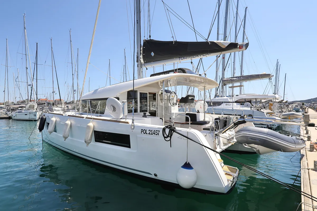 Exterior view of Tortilla Flat, a Lagoon 40 catamaran at Grad Biograd na Moru, Croatia