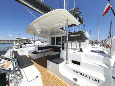 Deck of Tortilla Flat, a Lagoon 40 catamaran at Grad Biograd na Moru, Croatia