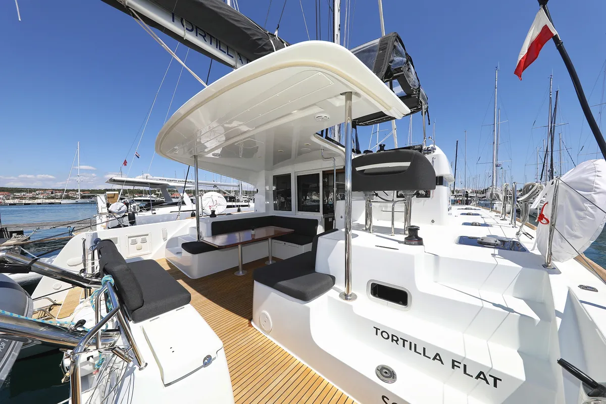 Deck of Tortilla Flat, a Lagoon 40 catamaran at Grad Biograd na Moru, Croatia