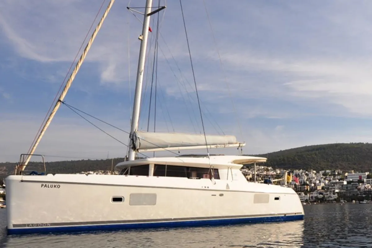 Exterior view of Paluko, a Lagoon 421 catamaran at Bodrum, Turkey