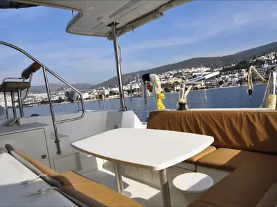 Deck of Paluko, a Lagoon 421 catamaran at Bodrum, Turkey