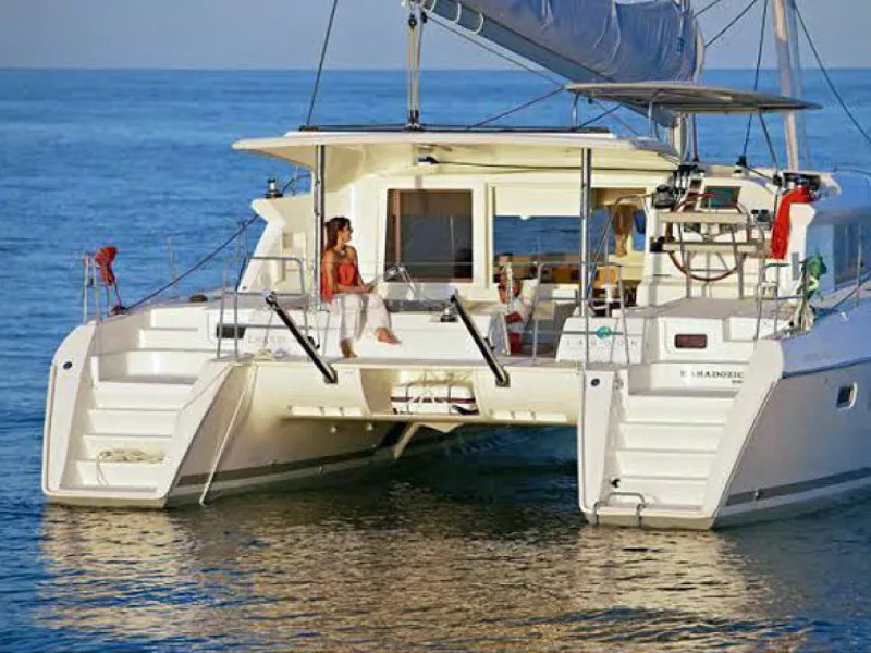 Exterior view of Paluko, a Lagoon 421 catamaran at Bodrum, Turkey
