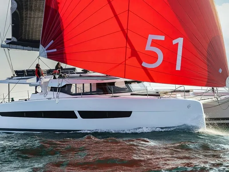 Exterior view of Alaia - Skippered, a Fountaine Pajot Aura 51 catamaran at Municipal Unit of Nea Peramos, Greece